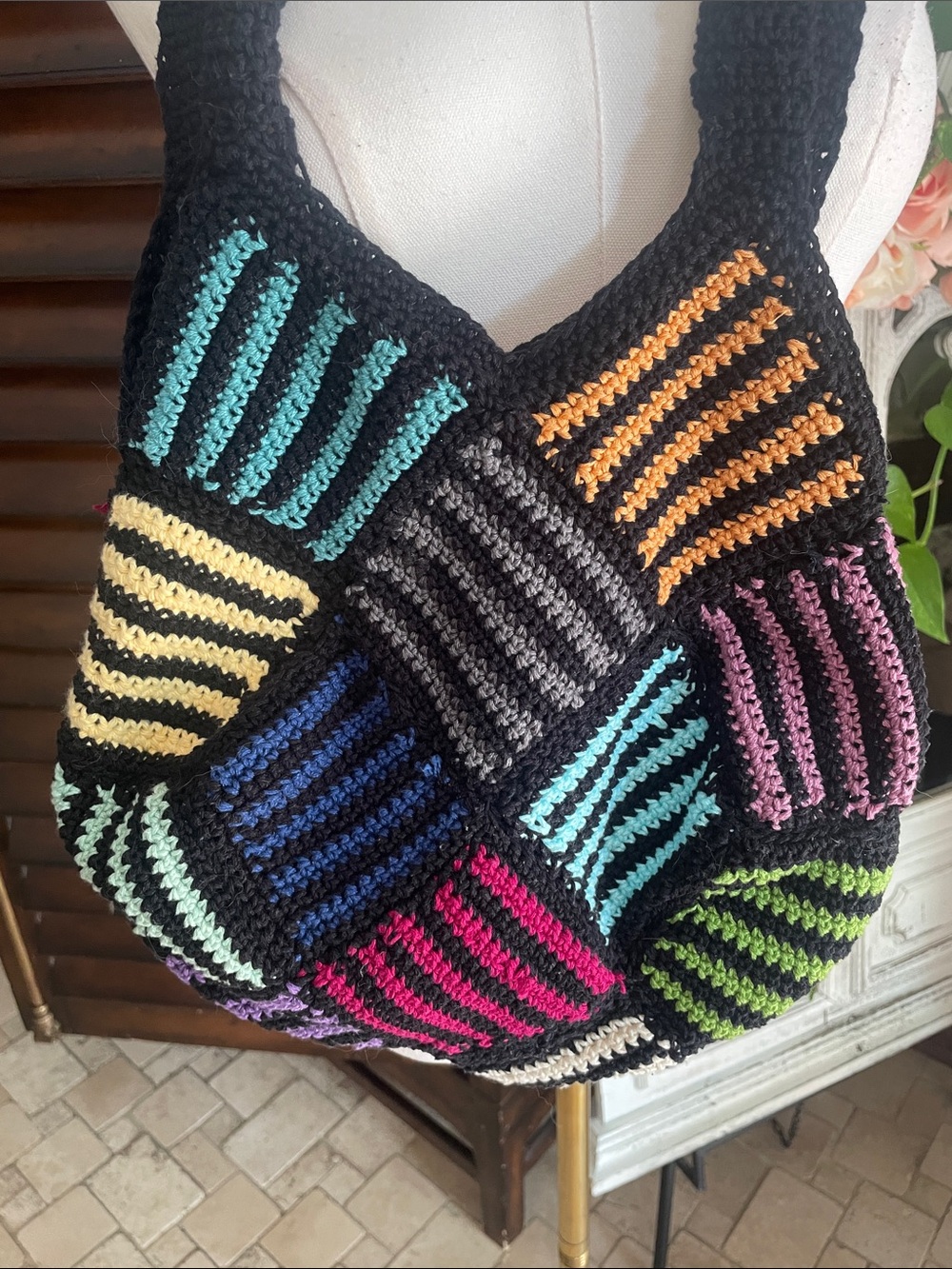 Black Crochet Patchwork Shoulder Bag Multicolor Boho Festival Artsy Art - Picture 2 of 11